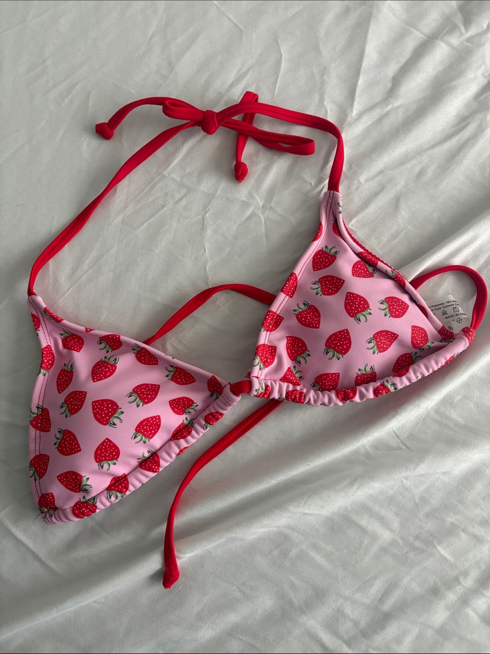 Source Unknown Pink Strawberry Triangle Bikini Top with Red Ties